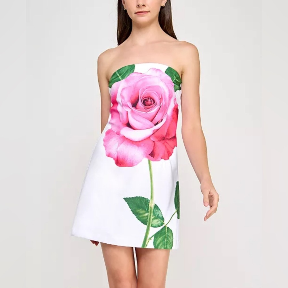 BCX Juniors' Floral Strapless Dress - Pink Rose on White
